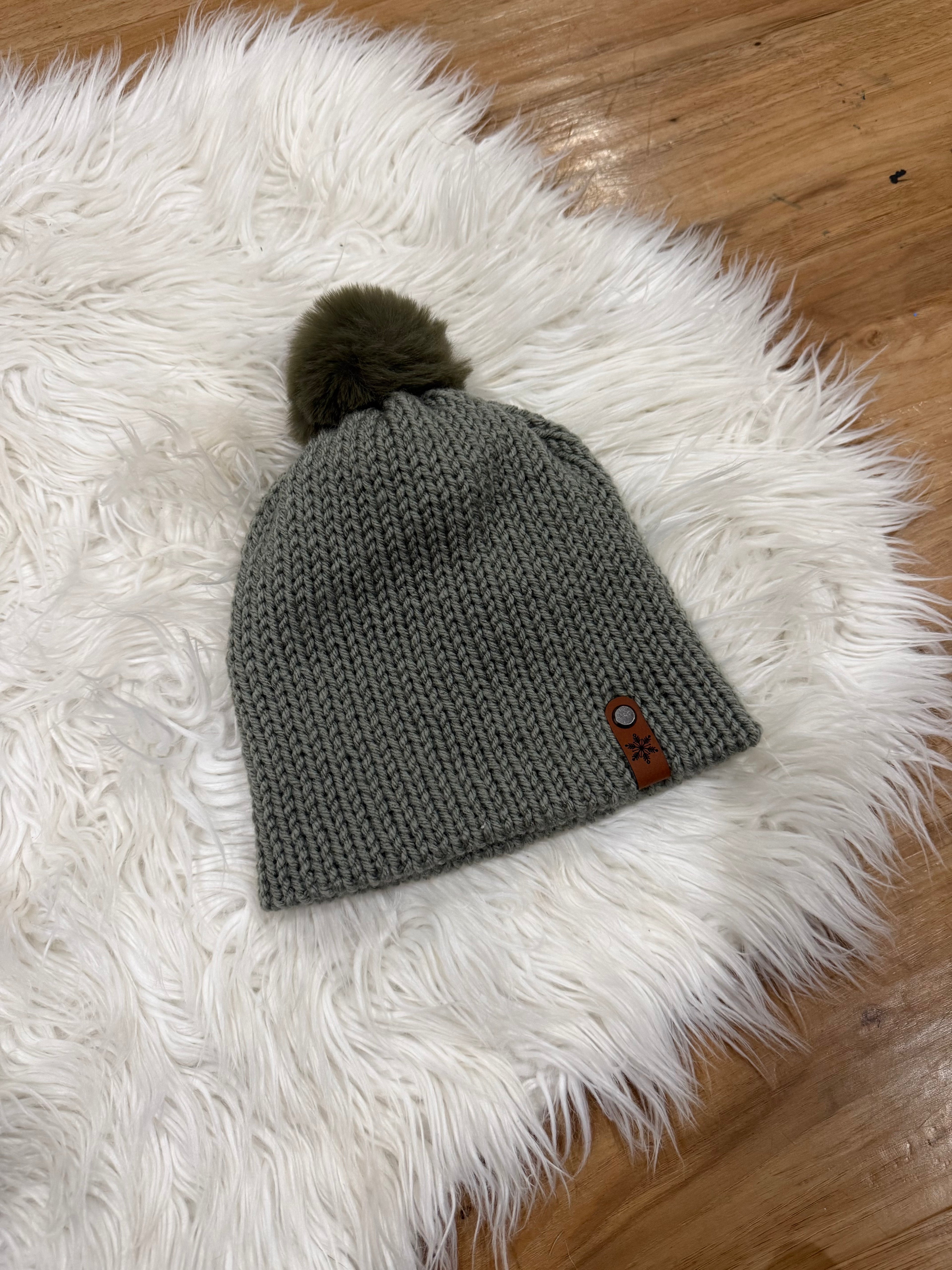 Olive Gray Pom Beanie